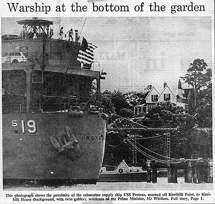 Picture of Proteus in Sydney Harbor with Kirribilli House in background